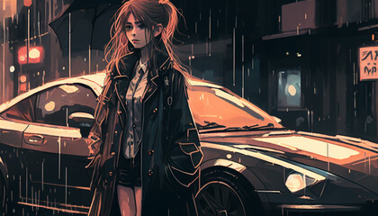 Fototapeta na wymiar The Drizzling Beauty: A 2D Anime Woman in Front of a Luxurious Car on a Rainy Day. Generative Ai