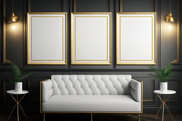 Mockup of three empty blank square posters above a luxurious couch. Generative AI