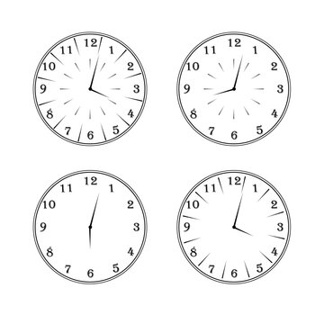 A round clock with a dial and hands. Transparent background