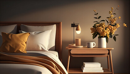Minimalistic of bedroom interior with wooden,  (Created with Generative AI technology)