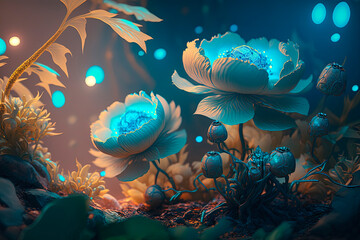 Obraz na płótnie Canvas Light effects under the spectrum of beautiful light baby blue peony flowers. Generative AI