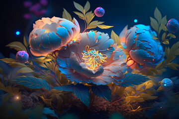 Fototapeta na wymiar Light effects under the spectrum of beautiful light baby blue peony flowers. Generative AI