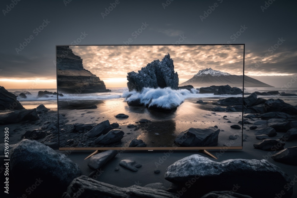 Aufkleber a large screen tv sitting on top of a beach next to rocks and water with a mountain in the backgroun