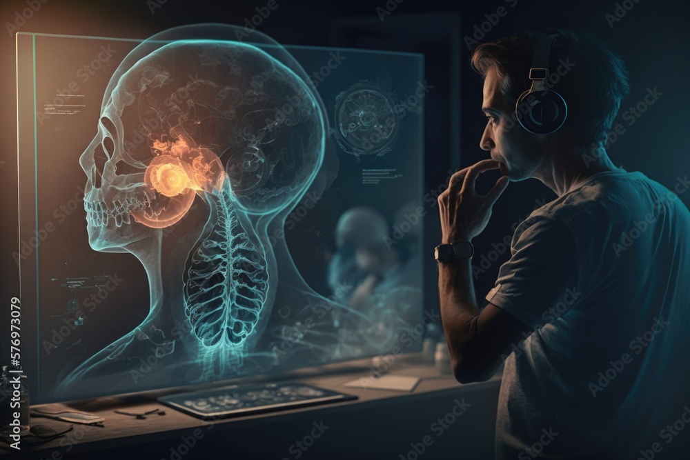Poster a man wearing headphones looking at a computer screen with a skeleton in the background vfx computer