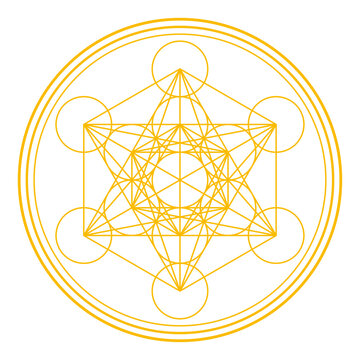 Golden Metatrons Cube, surrounded and framed by three circles. Mystical symbol, derived from the Flower of Life. All centers of thirteen circles are connected through straight lines. Sacred Geometry.