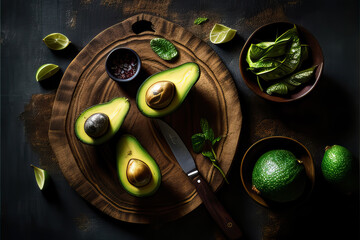 Fresh avocados on wooden table. Vegetarian food and healthy life style concept. Top view. Ai generated art