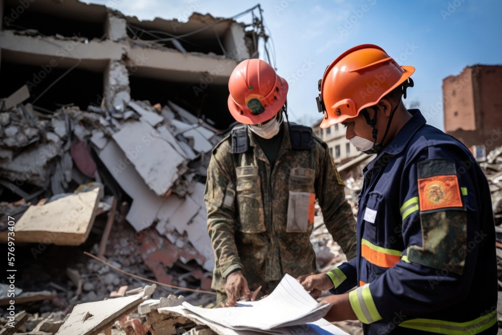 Poster two men in hard hats and helmets looking at a piece of paper in front of a building vfx a jigsaw puz