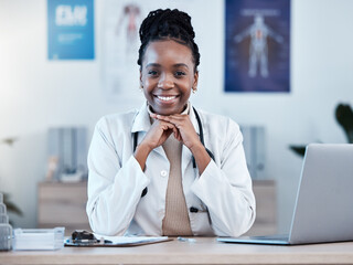 Black woman, doctor in portrait and health, smile in office and laptop, medical professional and happy in career. Female physician, hands and healthcare mindset with cardiologist at clinic and leader - obrazy, fototapety, plakaty