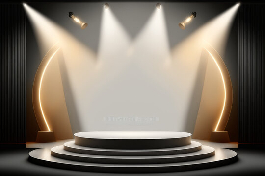 Stage podium scene for award ceremony or product display and advertisement, illuminated with spotlight in studio background.