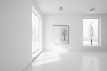 White minimalistic interior with a winter landscape outside the window. Generative AI