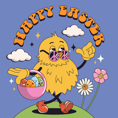 Groovy hippie Happy Easter card. Easter eggs, flower, chickens. Poster card of cartoon characters and elements in trendy retro 60s 70s cartoon style