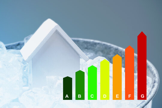 Energy rating chart with small White House in iced bucket, copy space for text ad. Energy efficiency concept.