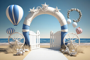 Obraz na płótnie Canvas Generative AI of summer holiday concept with white gate and wooden fence on the beach