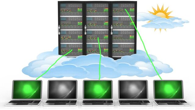 Animazione illustrazione 3D. Server computer dati.. Connessione e archiviazione dati computer, applicazioni..
