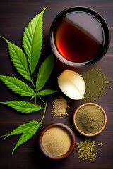Obraz na płótnie Canvas Marijuana herbal tea in a glass and cannabis leaves