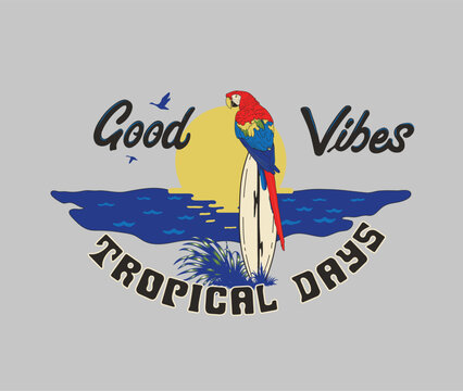 macaw in tropical beach vector illustration, parrot on surfing board vector, beach sunset artwork for print, summer beach retro design 