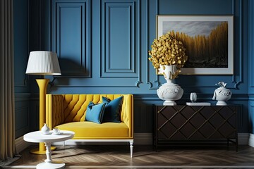 Yellow leather furniture, a table lamp, a wooden floor, and mouldings create a modern classic space with blue accents. Generative AI