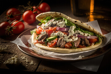 Greek lamb meat gyros with tzatziki sauce, feta cheese wrapped in pita breads. Generative AI