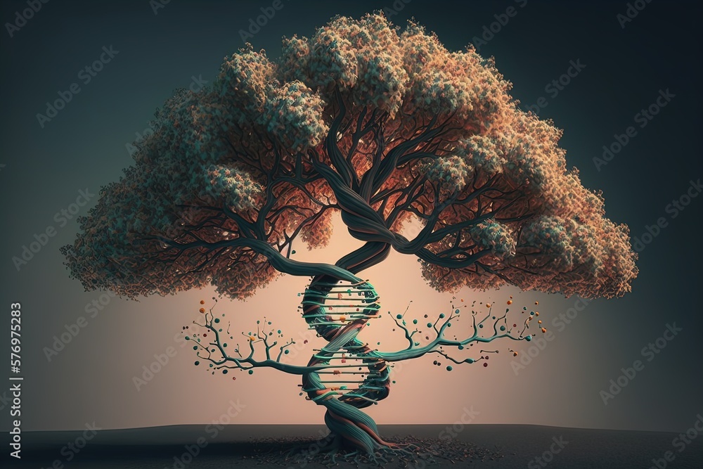Poster tree with a trunk in the shape of a dna helix. Generated by AI