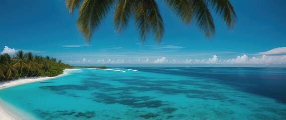 Fototapeta na wymiar Tropical island in the ocean with palm trees and white sand. Generative AI.