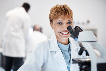 Woman, medical science and portrait with a microscope in a laboratory for research, analysis and study. Mature scientist person in lab for development, future medicine and biotechnology with a smile