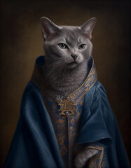 Naklejka premium Royal Portrait Painting of a Russian Blue Cat Dressed like a British King | Generative AI