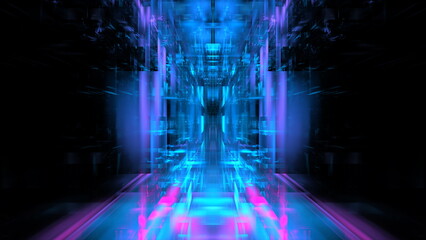 Digital interior building portal podium. Hi tech Abstract data center server tonel. Business technology blurred Polygonal geometric digital cyberpunk space, color light. 3D render