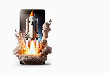 Space rocket launch from smartphone screen on white background with copy space, generative AI