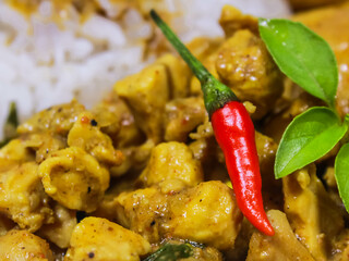 Close-up photo of Chicken curry rice in yellow spice sauce with potatoes and boiled egg served on white plate isolated on black dark background. Close up side angle Chicken curry rice.