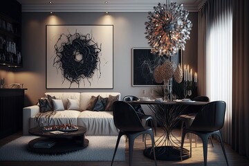 The studio's living space is decorated in a contemporary style using warm, soothing tones. subtle beige furnishings, and tasteful in built lighting. Generative AI