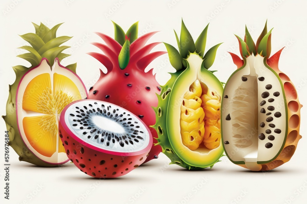 Canvas Prints Partial slices of exotic fruit. Halfed maracuya, kiwi, mangosteen, pineapple, and dragonfruit are arranged in a row against a white background in this clipart illustration. Generative AI