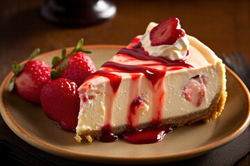 Slice of strawberry cheesecake on wooden table. Piece of cake. Generative AI