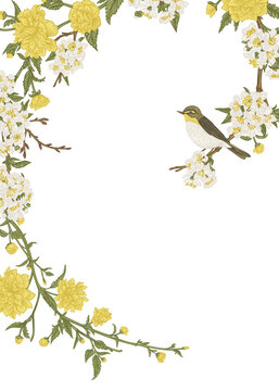 Card with branches and a bird isolated on transparent background. Garland with spring cherry and kerria flowers. Vintage wreath. Easter. Botanical illustration. Colorful.