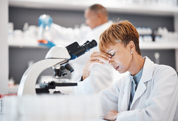 Scientist with headache, burnout and tired with woman, overworked with overtime for science...