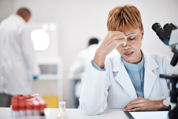 Scientist with headache, stress and fatigue with woman, overworked with overtime for science...