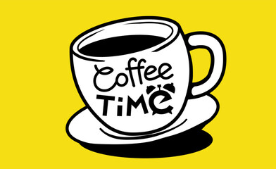 Vector illustration of coffee cup with word coffee time on color background with shadow. Black and white line art style design of cup