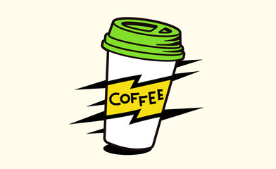 Vector illustration of coffee paper cup with word coffee on light color background. Black and white line art style design of takeout cup