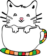 Cute cat drawing vector. Cute cat with a gift. Cat sketch. Cat vector. The kitten sits in a cup. Kitten in a cup. Kitten in a basket. 