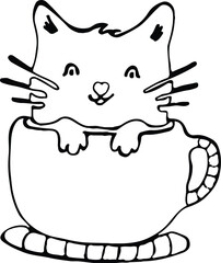 Cute cat drawing vector. Cute cat with a gift. Cat sketch. Cat vector. Happy birthday gift card.