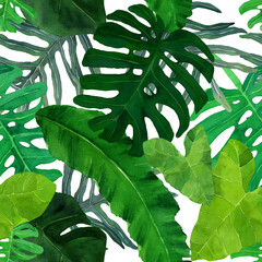 Watercolor pattern with tropical leaves. Wild green Brazilian jungle background. Hand drawn Rainy forest Amazonia plants. Design for textile, packaging, covers, wallpaper. 