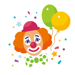 Smiling ginger clown with balloons. Flat isolated illustration. April Fool's Day illustration.