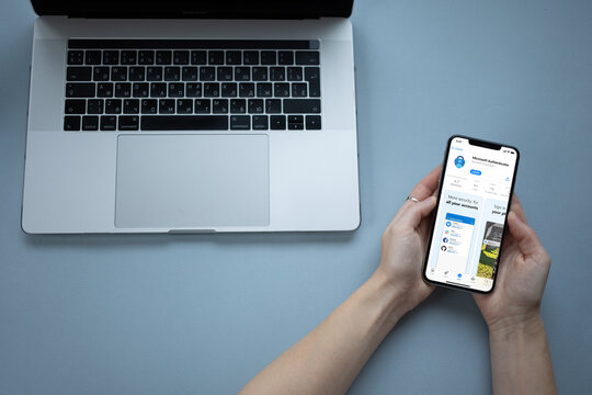 Mobile phone with Microsoft Authenticator App Store screen