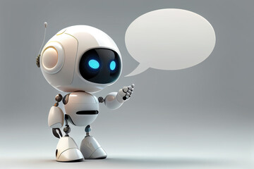 Robot with speech bubble. Chat GPT Artificial Intelligence chat bot conversation with users by Open AI. Technology smart application software. Generative AI.