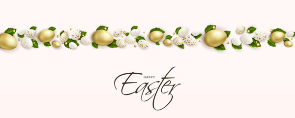Happy Easter background. Greeting card with easter eggs with leaves.