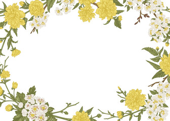 Vintage  with cherry, kerriya japonica and hawthorn flowers. Spring illustration. Floral invitation card, isolated on transparent background. - 576980085
