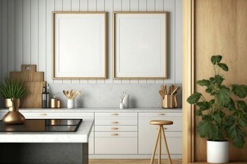 Fototapeta na wymiar Mockup two poster frame in modern interior kitchen. Generative AI illustration.