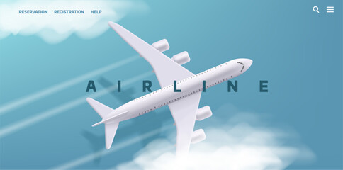 Vector 3d illustration of airplane in the clouds top view. Booking service or travel agency website front page banner template