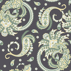 Turkish Cucumber Paisley. Seamless vector pattern in traditional oriental style with flowers, leaves and fantasy elements. Fabric and wallpaper cover