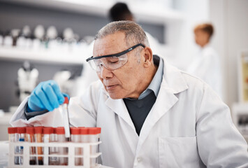 Blood, science and senior man in laboratory with sample for research, medical study and forensic...