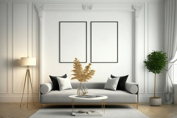 Mockup two poster frame in modern interior living room. Generative AI illustration.